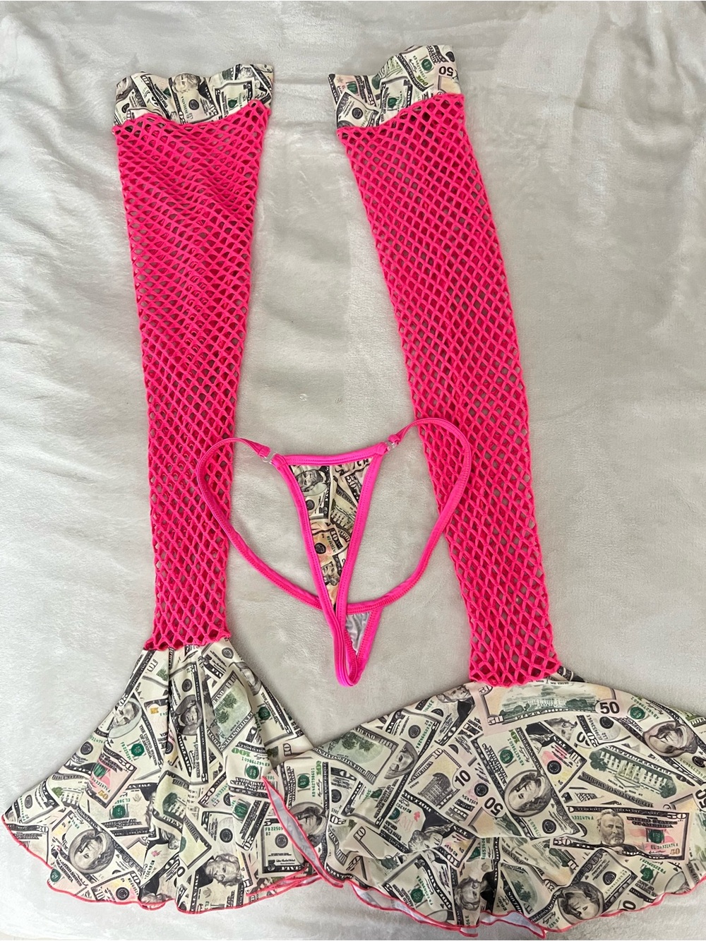 Medium Fishnet Thigh-High Leg warmers and thong with Money Print Trim